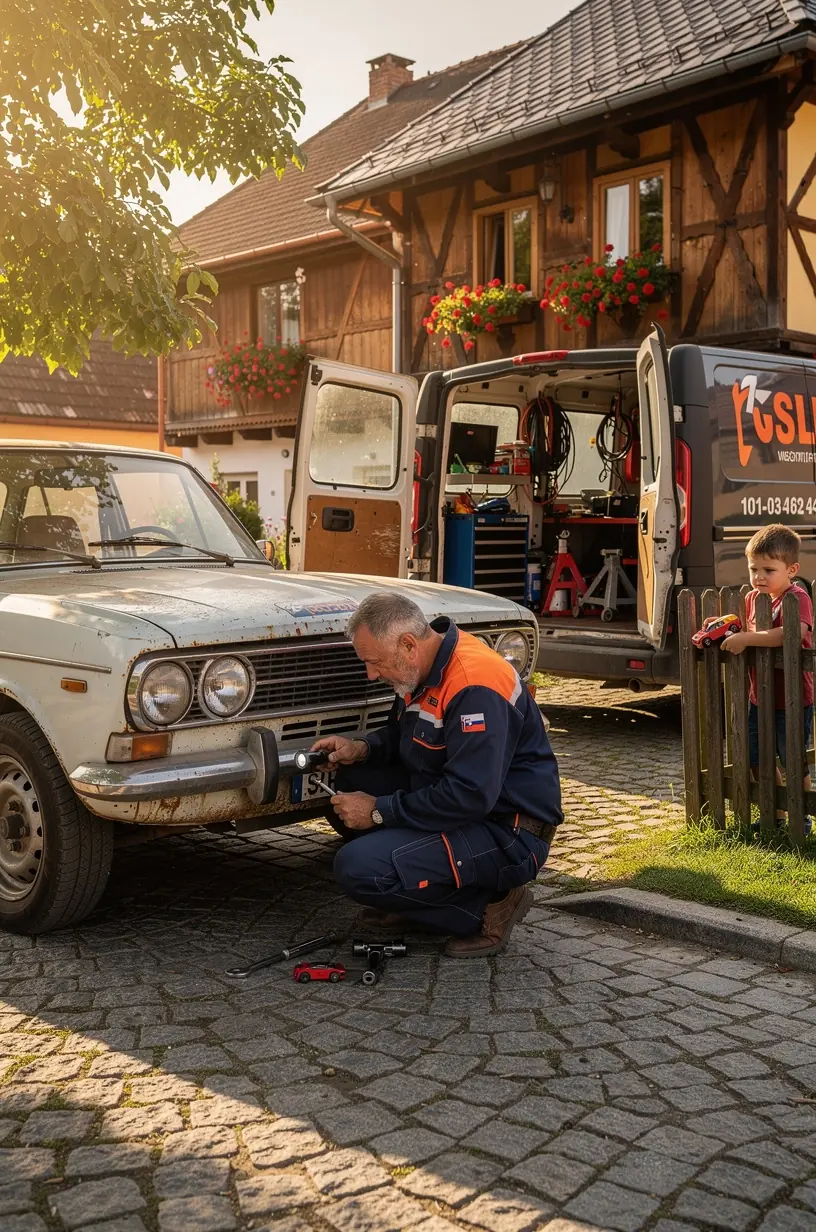 Mobilný mechanik opravuje auto priamo na mieste poruchy v slovenskej dedine.
